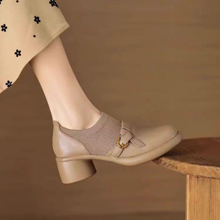 Lena | Textured Panel Block Heel Shoes with Buckle Strap