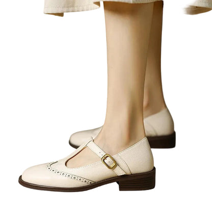 Lena | Brogue Mary Jane Low Heels with T-Strap Buckle