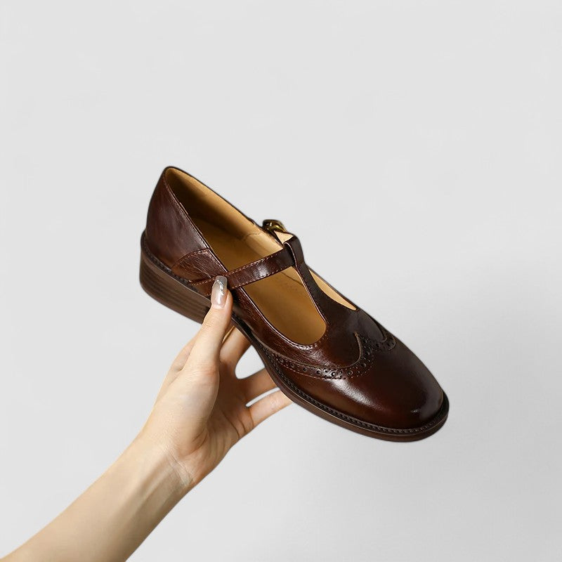 Lena | Brogue Mary Jane Low Heels with T-Strap Buckle