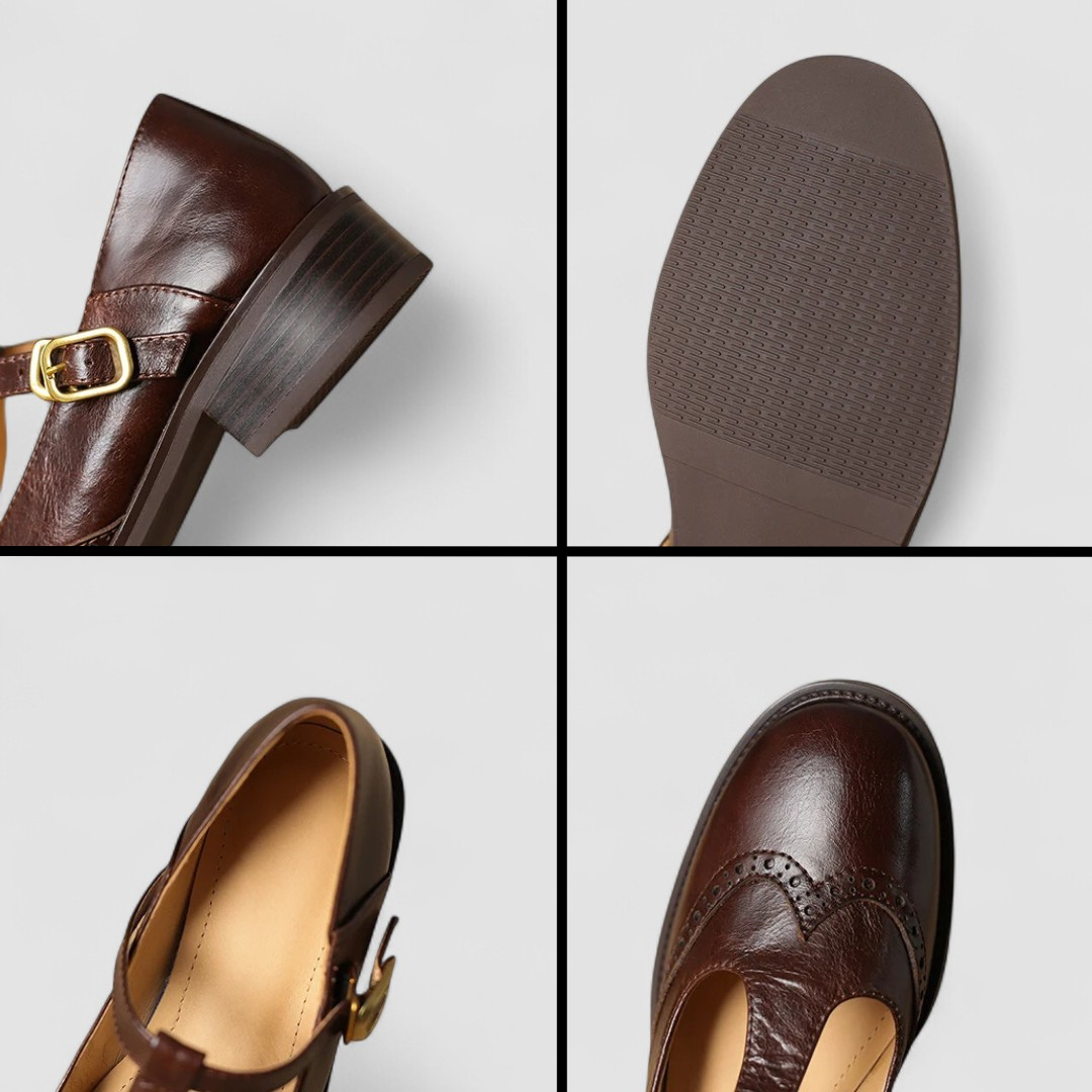 Lena | Brogue Mary Jane Low Heels with T-Strap Buckle