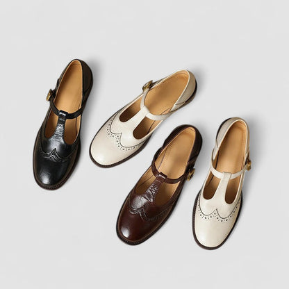 Lena | Brogue Mary Jane Low Heels with T-Strap Buckle