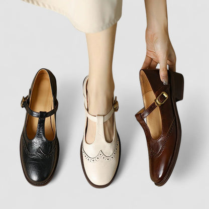 Lena | Brogue Mary Jane Low Heels with T-Strap Buckle