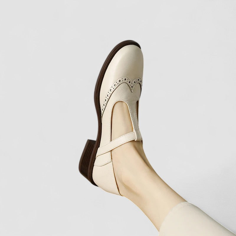 Lena | Brogue Mary Jane Low Heels with T-Strap Buckle