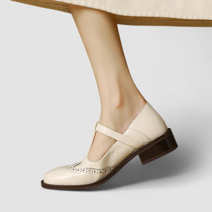 Lena | Brogue Mary Jane Low Heels with T-Strap Buckle