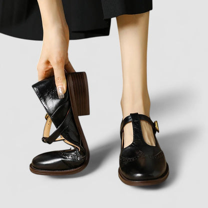 Lena | Brogue Mary Jane Low Heels with T-Strap Buckle