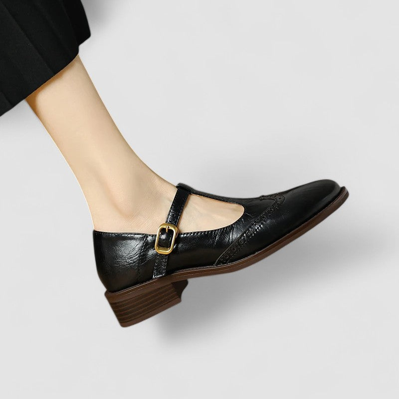 Lena | Brogue Mary Jane Low Heels with T-Strap Buckle