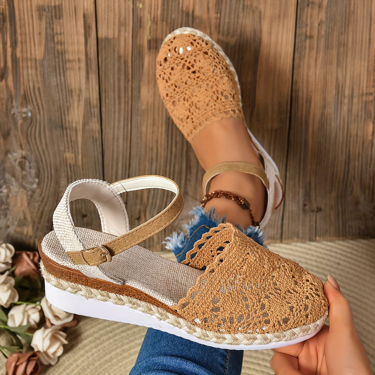 Lila | Crochet Flatform Sandals with Ankle Strap