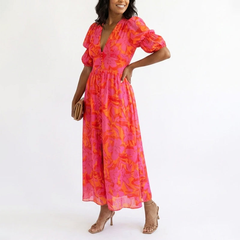 Lila | Floral Puff Sleeve Midi Dress