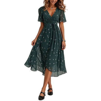 Lila | Floral Wrap Midi Dress with Flutter Sleeves