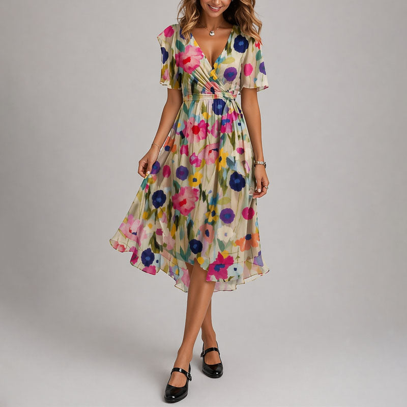 Lila | Floral Wrap Midi Dress with Flutter Sleeves