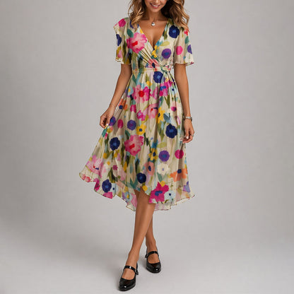 Lila | Floral Wrap Midi Dress with Flutter Sleeves