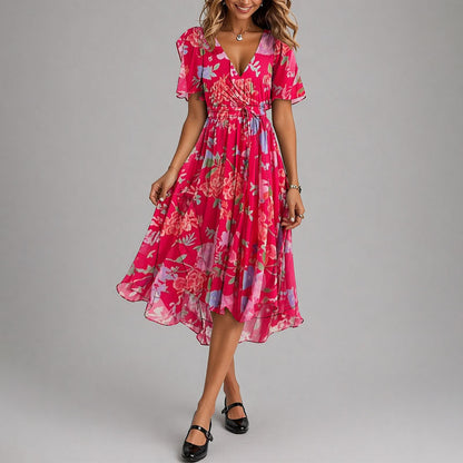 Lila | Floral Wrap Midi Dress with Flutter Sleeves