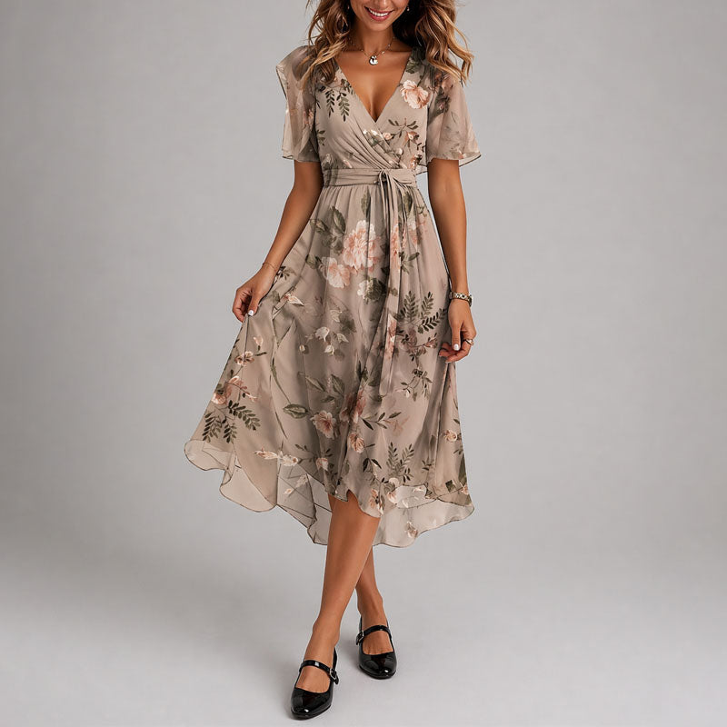 Lila | Floral Wrap Midi Dress with Flutter Sleeves
