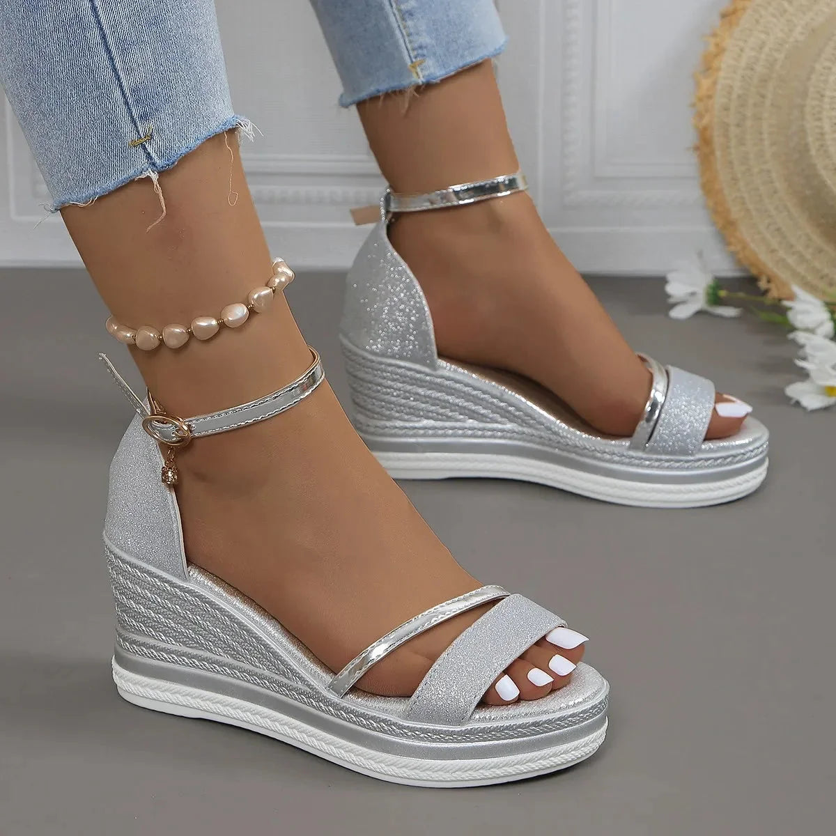 Lila | Glitter Ankle Strap Espadrille Wedge Sandals