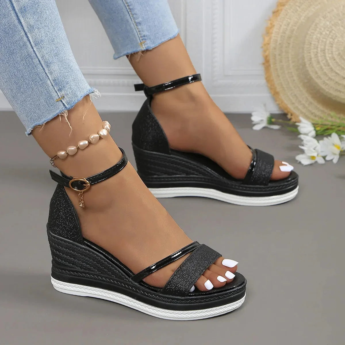 Lila | Glitter Ankle Strap Espadrille Wedge Sandals
