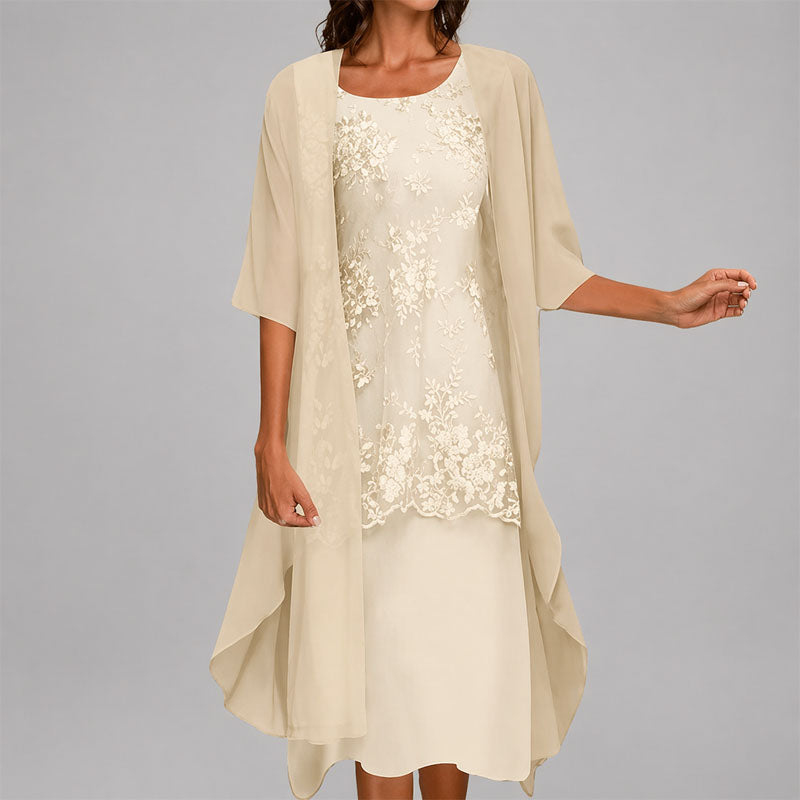 Lila | Lace Appliqué Sheer Overlay Midi Dress