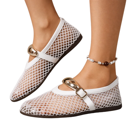 Lila | Open-Weave Mary Jane Flats with Gold Buckle Strap