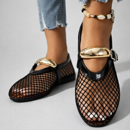 Lila | Open-Weave Mary Jane Flats with Gold Buckle Strap