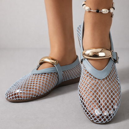 Lila | Open-Weave Mary Jane Flats with Gold Buckle Strap