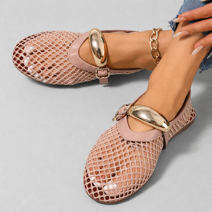 Lila | Open-Weave Mary Jane Flats with Gold Buckle Strap
