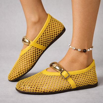 Lila | Open-Weave Mary Jane Flats with Gold Buckle Strap