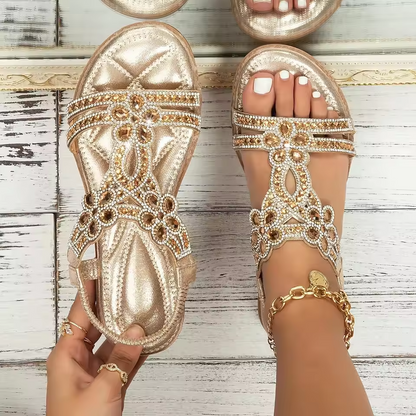 Lila | Rhinestone & Gemstone T-Strap Open-Toe Flats