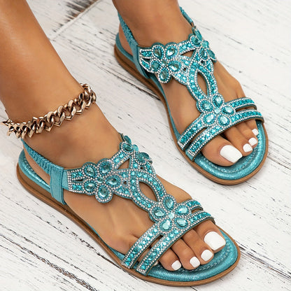 Lila | Rhinestone & Gemstone T-Strap Open-Toe Flats
