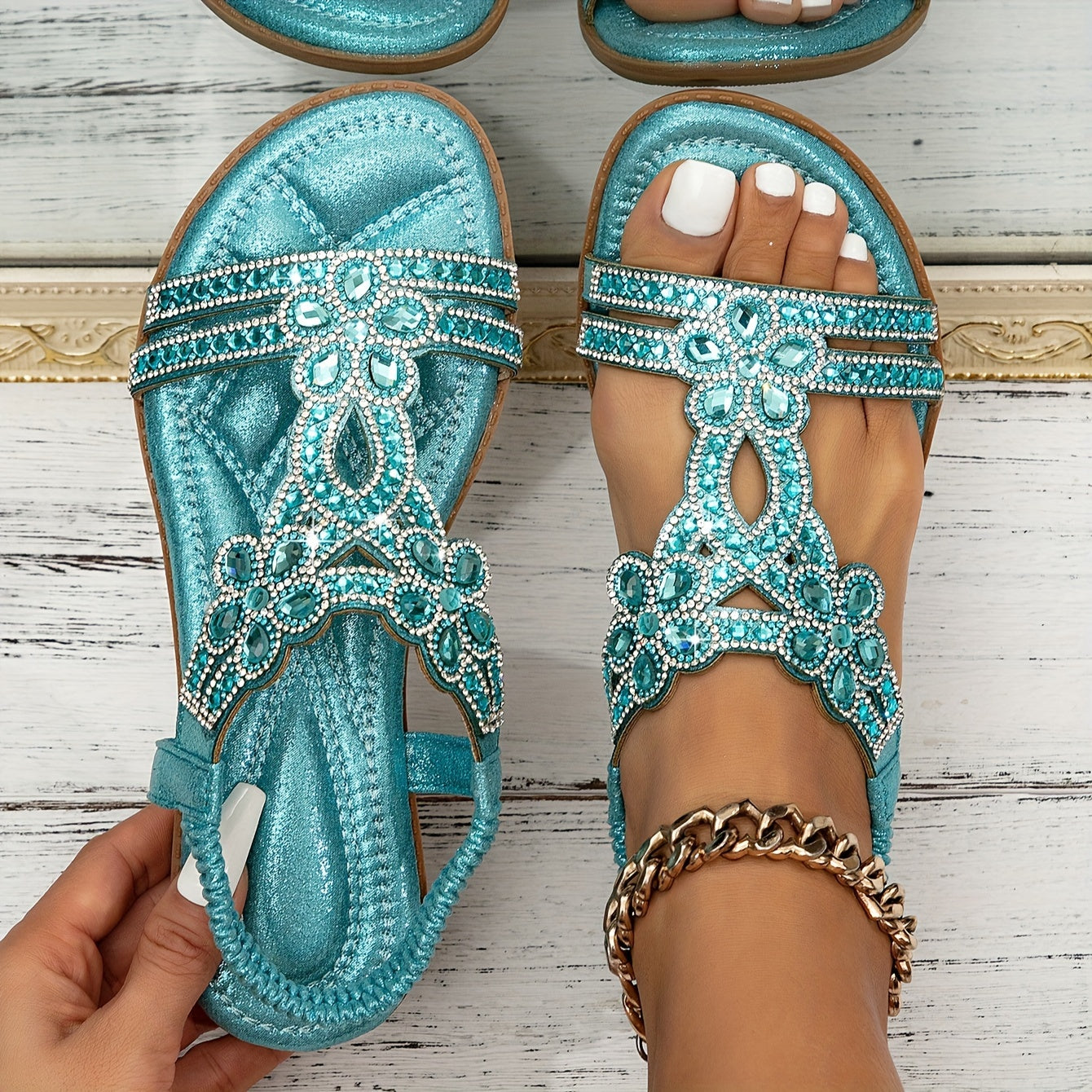 Lila | Rhinestone & Gemstone T-Strap Open-Toe Flats