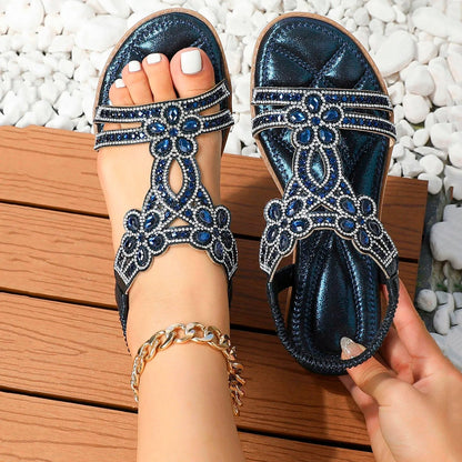 Lila | Rhinestone & Gemstone T-Strap Open-Toe Flats