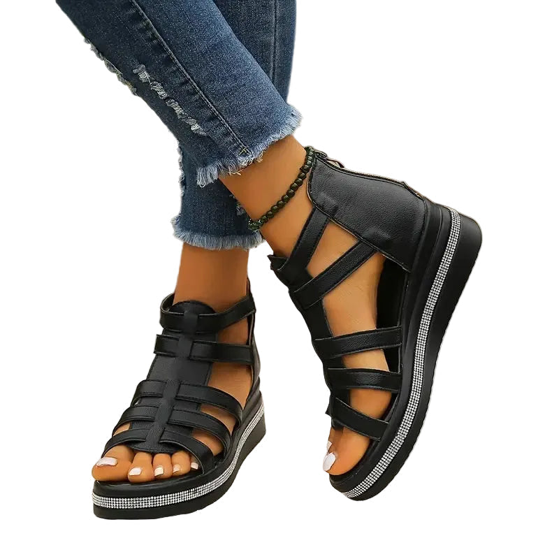 Lena | Rhinestone-Trimmed Open-Toe Gladiator Flatform Sandals