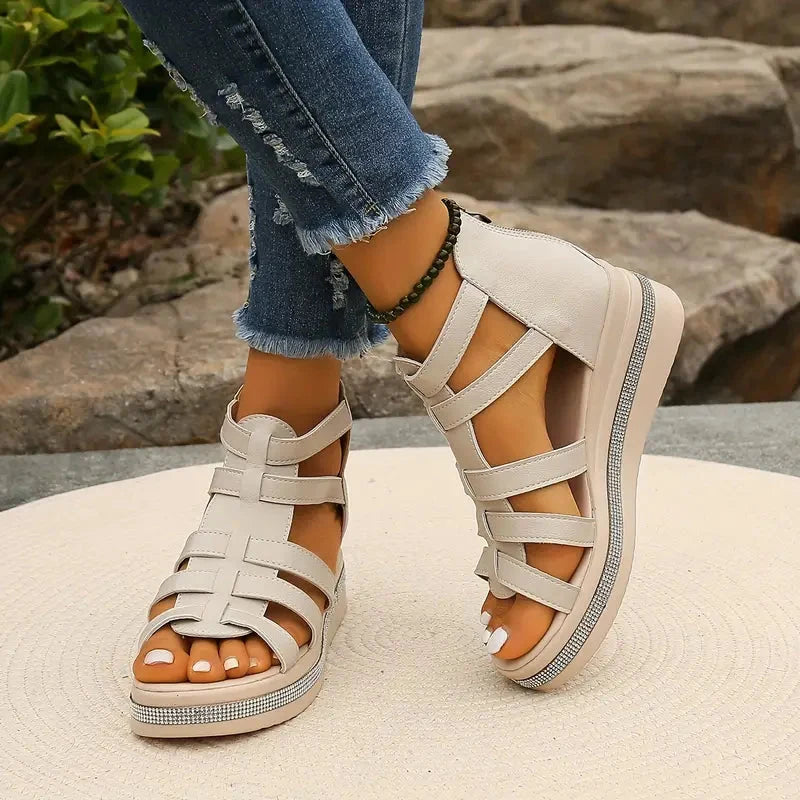 Lena | Rhinestone-Trimmed Open-Toe Gladiator Flatform Sandals
