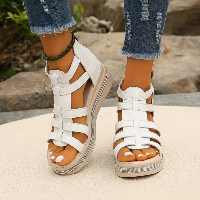Lena | Rhinestone-Trimmed Open-Toe Gladiator Flatform Sandals