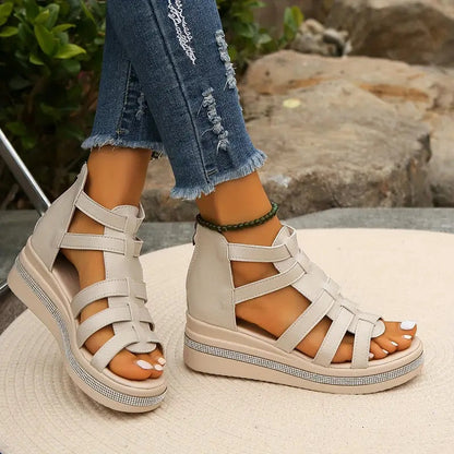 Lena | Rhinestone-Trimmed Open-Toe Gladiator Flatform Sandals