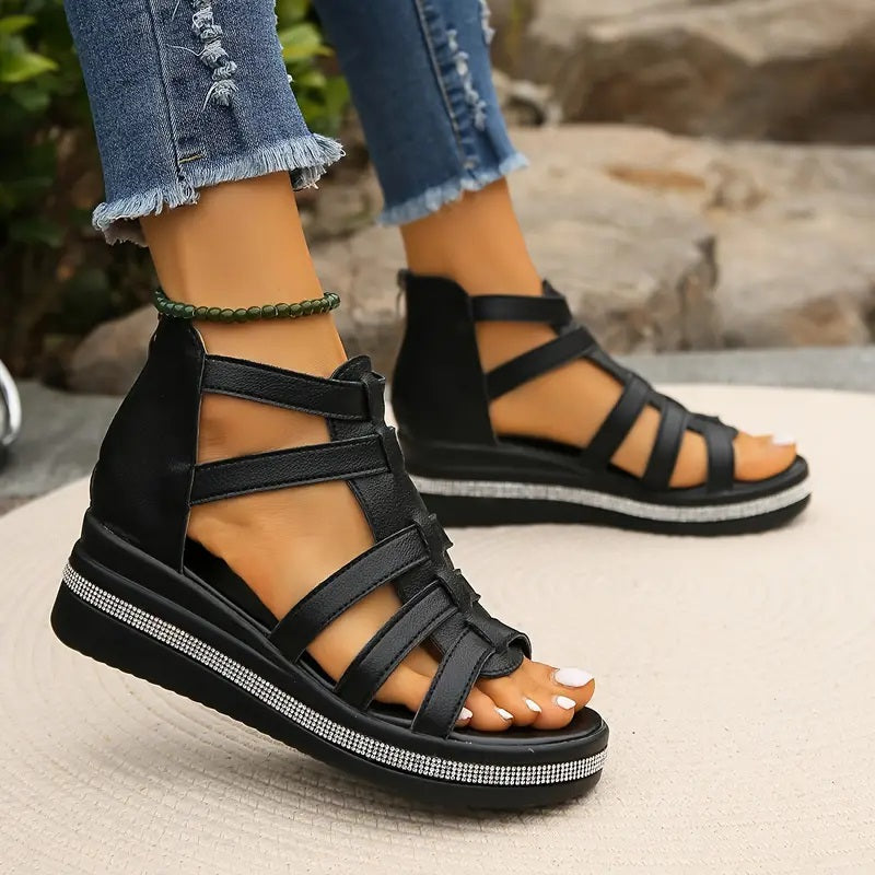 Lena | Rhinestone-Trimmed Open-Toe Gladiator Flatform Sandals