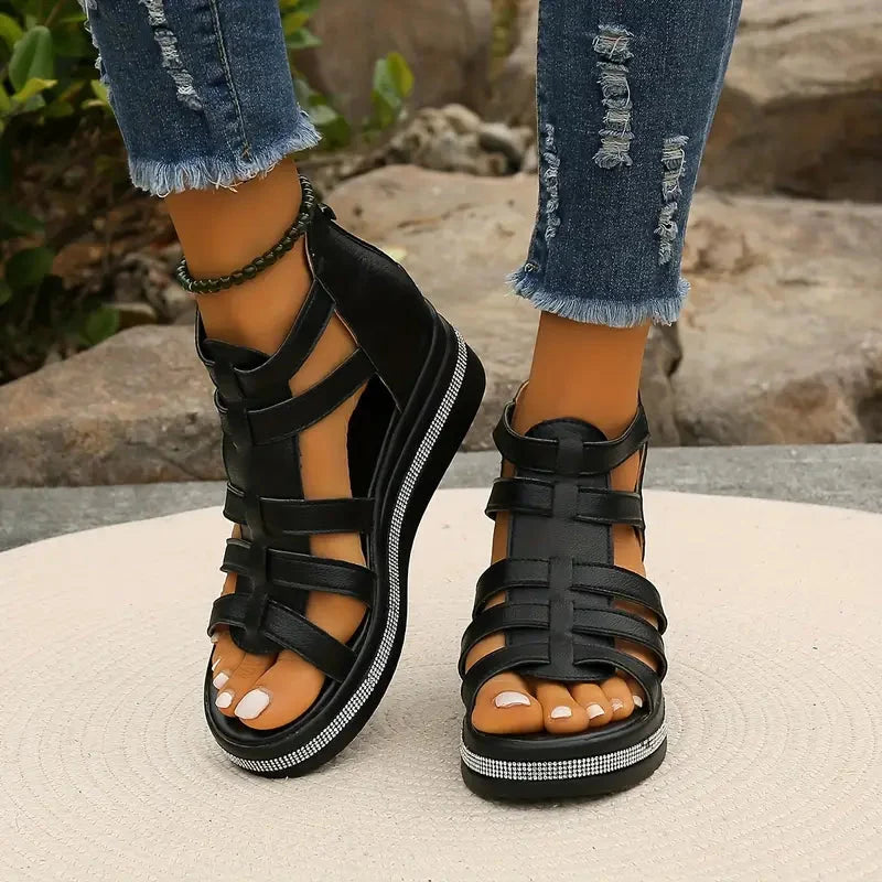 Lena | Rhinestone-Trimmed Open-Toe Gladiator Flatform Sandals