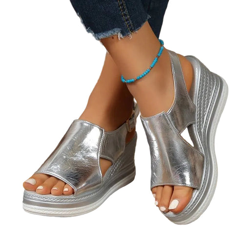 Luna | Metallic Open-Toe Wedge Sandals with Cross-Strap Detail