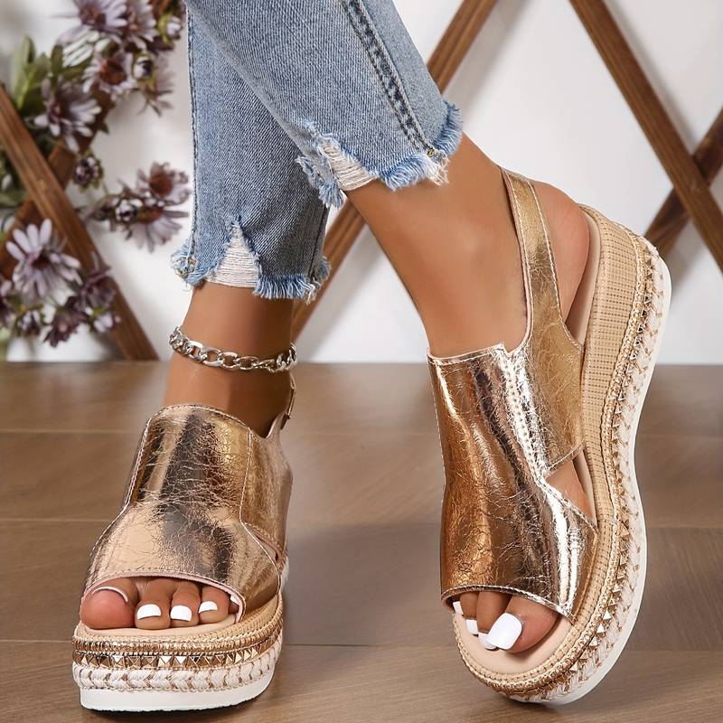 Luna | Metallic Open-Toe Wedge Sandals with Cross-Strap Detail