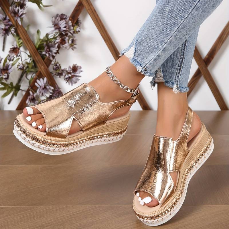 Luna | Metallic Open-Toe Wedge Sandals with Cross-Strap Detail
