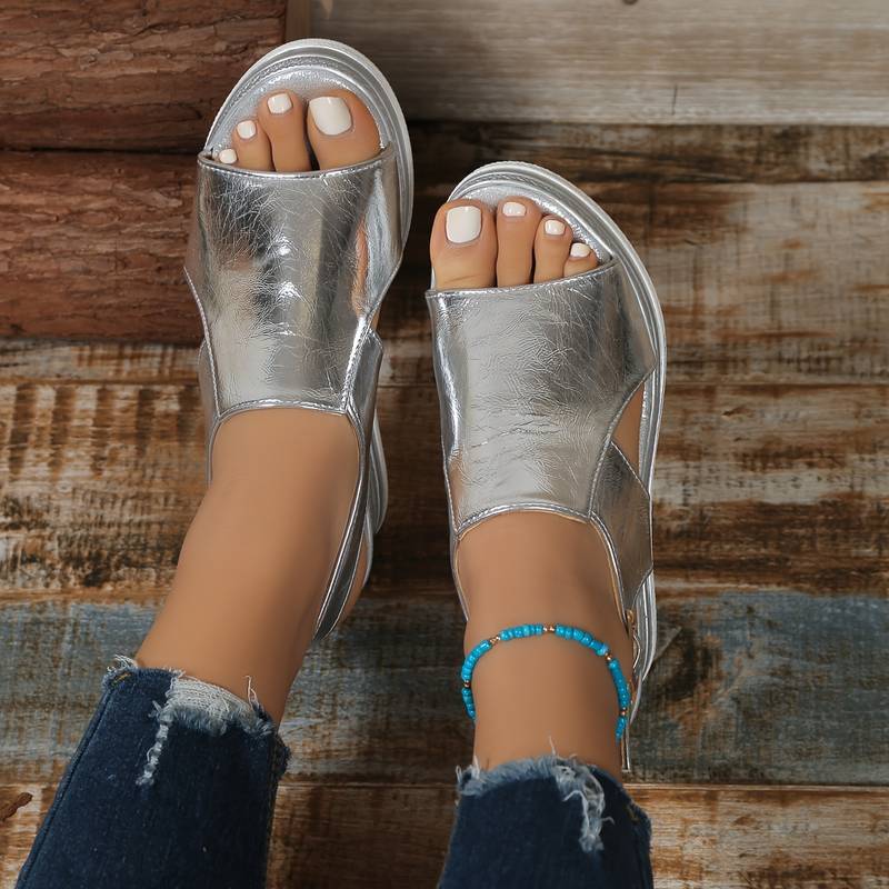 Luna | Metallic Open-Toe Wedge Sandals with Cross-Strap Detail