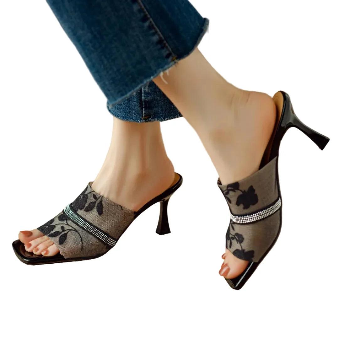 Lila | Floral Mesh Open Toe Mule Heels with Rhinestone Trim