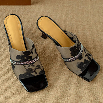 Lila | Floral Mesh Open Toe Mule Heels with Rhinestone Trim