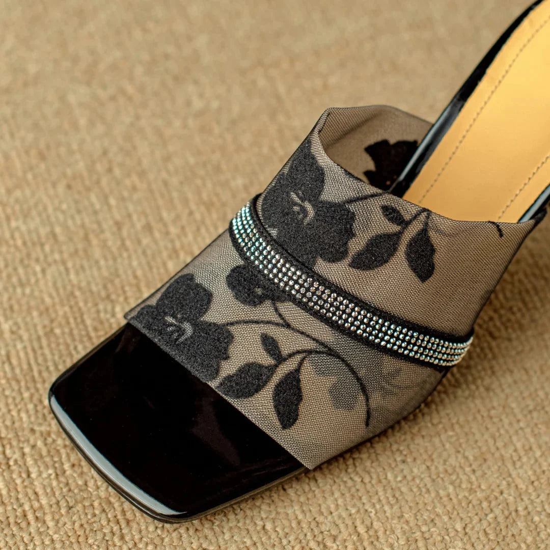 Lila | Floral Mesh Open Toe Mule Heels with Rhinestone Trim