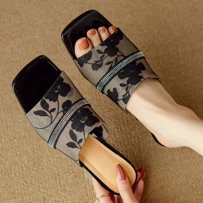 Lila | Floral Mesh Open Toe Mule Heels with Rhinestone Trim