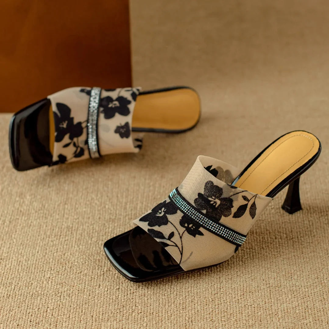 Lila | Floral Mesh Open Toe Mule Heels with Rhinestone Trim
