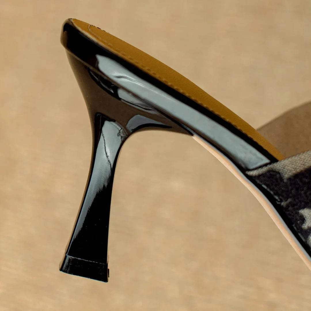 Lila | Floral Mesh Open Toe Mule Heels with Rhinestone Trim