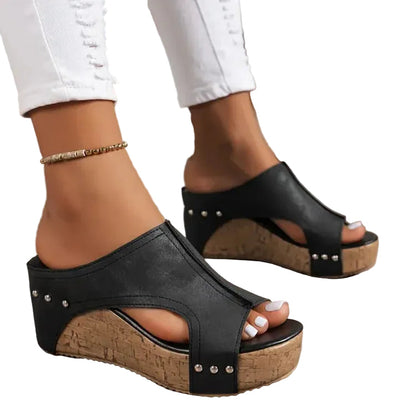 Lena | Chic Open-Toe Wedge Mules with Side Cutout and Stud Detail