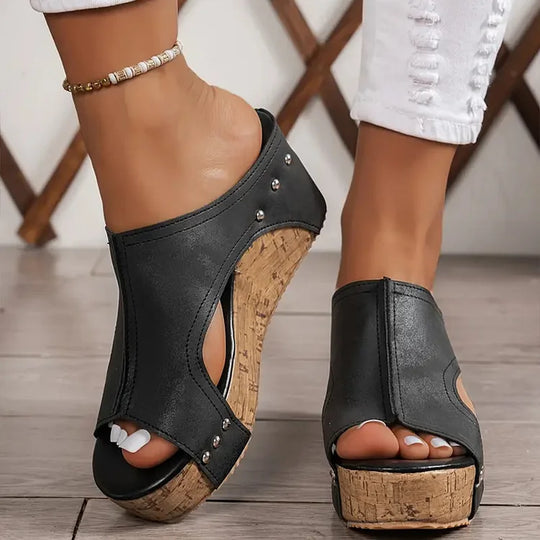 Lena | Chic Open-Toe Wedge Mules with Side Cutout and Stud Detail