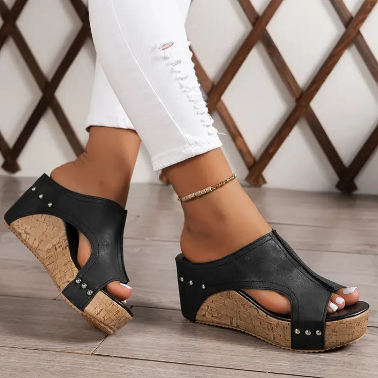 Lena | Chic Open-Toe Wedge Mules with Side Cutout and Stud Detail