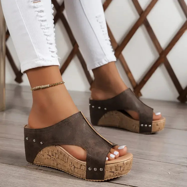 Lena | Chic Open-Toe Wedge Mules with Side Cutout and Stud Detail