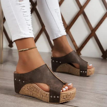 Lena | Chic Open-Toe Wedge Mules with Side Cutout and Stud Detail